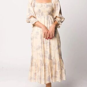 Bria Smocked Midi Dress with Puffed Long Sleeves in Ecru - Bump Friendly